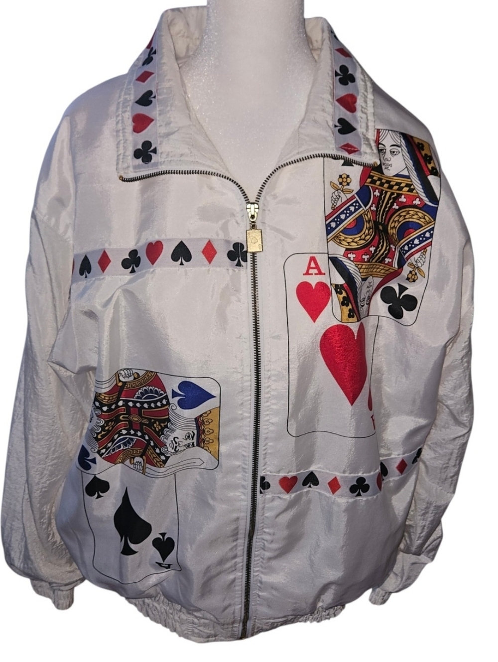 Vintage 90s Grannycore Novelty Poker Nylon Windbreaker Jacket Cards Medium Vegas - Picture 2 of 16